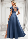 Marie A-line Square Floor-Length Satin Bridesmaid Dress With Ruffle BF2P0025774