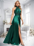 Blanche A-line Halter Floor-Length Stretch Satin Bridesmaid Dress With Ruffle BF2P0025817