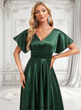 Makena A-line V-Neck Floor-Length Stretch Satin Bridesmaid Dress BF2P0025782