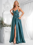 Jayda A-line V-Neck Floor-Length Stretch Satin Bridesmaid Dress BF2P0025786