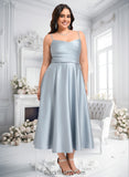 Laylah A-line V-Neck Tea-Length Satin Bridesmaid Dress BF2P0025794