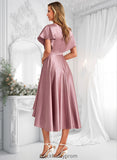 Scarlett A-line V-Neck Asymmetrical Stretch Satin Bridesmaid Dress BF2P0025752