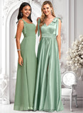 Kamora A-line V-Neck Floor-Length Stretch Satin Bridesmaid Dress With Bow BF2P0025737