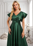 Evie A-line V-Neck Floor-Length Satin Bridesmaid Dress With Ruffle BF2P0025777