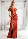 Precious A-line Off the Shoulder Floor-Length Stretch Satin Bridesmaid Dress BF2P0025757