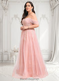 Cora A-line Sweetheart Off the Shoulder Floor-Length Tulle Floral Lace Prom Dresses With Appliques Lace BF2P0025870