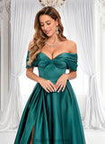 Sheila A-line Off the Shoulder Floor-Length Satin Prom Dresses With Pleated BF2P0025851