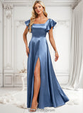 Alyvia A-line Square Floor-Length Stretch Satin Bridesmaid Dress With Ruffle BF2P0025769