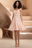 Cassie A-line V-Neck Knee-Length Chiffon Lace Homecoming Dress With Beading BF2P0020565