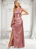 Brenda A-line One Shoulder Floor-Length Stretch Satin Bridesmaid Dress With Ruffle BF2P0025768