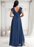 Lucille A-line V-Neck Asymmetrical Chiffon Bridesmaid Dress With Ruffle BF2P0025733