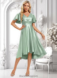 Kaylynn A-line V-Neck Asymmetrical Stretch Satin Bridesmaid Dress With Ruffle BF2P0025772