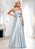 Norma A-line V-Neck Floor-Length Stretch Satin Bridesmaid Dress BF2P0025795