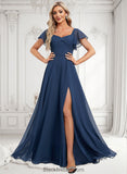 Jacqueline A-line V-Neck Floor-Length Chiffon Bridesmaid Dress With Ruffle BF2P0025802