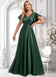 Angela A-line V-Neck Floor-Length Stretch Satin Bridesmaid Dress With Ruffle BF2P0025773