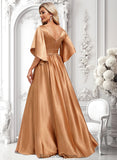 Camille A-line V-Neck Floor-Length Stretch Satin Bridesmaid Dress BF2P0025793