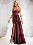 Anna A-line V-Neck Floor-Length Stretch Satin Bridesmaid Dress With Ruffle BF2P0025785