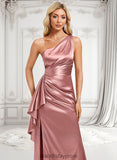 Brenda A-line One Shoulder Floor-Length Stretch Satin Bridesmaid Dress With Ruffle BF2P0025768