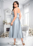 Laylah A-line V-Neck Tea-Length Satin Bridesmaid Dress BF2P0025794