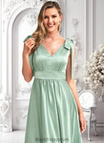 Kamora A-line V-Neck Floor-Length Stretch Satin Bridesmaid Dress With Bow BF2P0025737