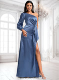 Avah A-line One Shoulder Floor-Length Stretch Satin Bridesmaid Dress With Bow BF2P0025730