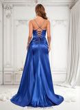 Helen Trumpet/Mermaid Straight Sweep Train Stretch Satin Prom Dresses With Rhinestone BF2P0025861