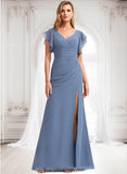 Judith A-line V-Neck Floor-Length Chiffon Bridesmaid Dress With Ruffle BF2P0025729