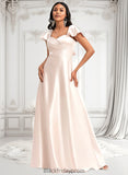 Ivy A-line V-Neck Floor-Length Stretch Satin Bridesmaid Dress With Bow BF2P0025759