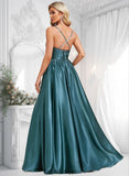 Jayda A-line V-Neck Floor-Length Stretch Satin Bridesmaid Dress BF2P0025786