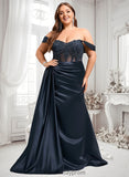 Carla Trumpet/Mermaid Off the Shoulder Sweep Train Satin Prom Dresses With Sequins Appliques Lace BF2P0025835