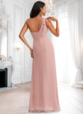 Sloane A-line One Shoulder Floor-Length Chiffon Bridesmaid Dress With Bow BF2P0025748