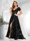 Joanne A-line V-Neck Sweep Train Floral Lace Prom Dresses With Sequins BF2P0025869