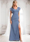 Judith A-line V-Neck Floor-Length Chiffon Bridesmaid Dress With Ruffle BF2P0025729