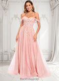 Cora A-line Sweetheart Off the Shoulder Floor-Length Tulle Floral Lace Prom Dresses With Appliques Lace BF2P0025870