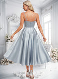 Laylah A-line V-Neck Tea-Length Satin Bridesmaid Dress BF2P0025794