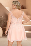 Cassie A-line V-Neck Knee-Length Chiffon Lace Homecoming Dress With Beading BF2P0020565