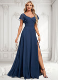 Jacqueline A-line V-Neck Floor-Length Chiffon Bridesmaid Dress With Ruffle BF2P0025802