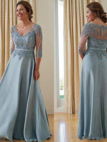 Anne A-Line/Princess Satin Applique V-neck 3/4 Sleeves Floor-Length Mother of the Bride Dresses BF2P0020381