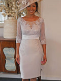 Zoie Sheath/Column Elastic Woven Satin Applique Scoop 3/4 Sleeves Knee-Length Mother of the Bride Dresses BF2P0020394