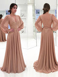 Hana A-Line/Princess Chiffon Lace V-neck Long Sleeves Sweep/Brush Train Mother of the Bride Dresses BF2P0020421