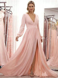 Paris A-Line/Princess Chiffon Ruffles V-neck Long Sleeves Sweep/Brush Train Mother of the Bride Dresses BF2P0020429