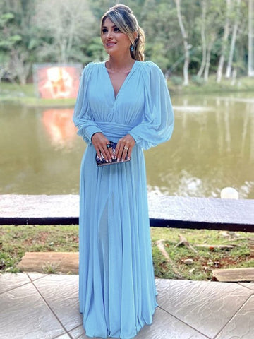 Angel A-Line/Princess Chiffon Ruffles V-neck Long Sleeves Floor-Length Mother of the Bride Dresses BF2P0020376