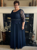 Stella A-Line/Princess Chiffon Lace Scoop 3/4 Sleeves Floor-Length Plus Size Mother of the Bride Dresses BF2P0020453