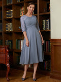 Tina A-Line/Princess Chiffon Lace Scoop 1/2 Sleeves Tea-Length Mother of the Bride Dresses BF2P0020356