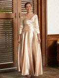 Pamela A-Line/Princess Elastic Woven Satin Ruched V-neck 3/4 Sleeves Ankle-Length Mother of the Bride Dresses BF2P0020362