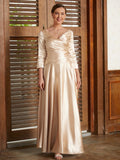 Pamela A-Line/Princess Elastic Woven Satin Ruched V-neck 3/4 Sleeves Ankle-Length Mother of the Bride Dresses BF2P0020362