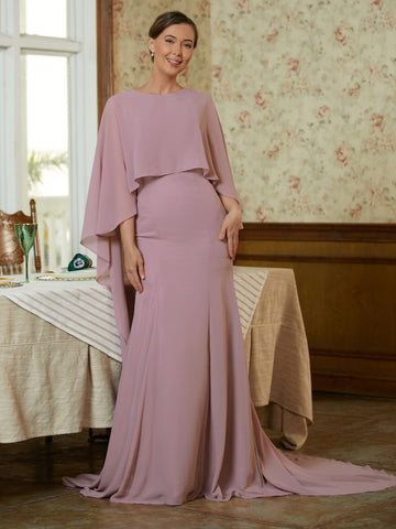 Laci Sheath/Column Chiffon Ruffles Scoop Long Sleeves Sweep/Brush Train Mother of the Bride Dresses BF2P0020360