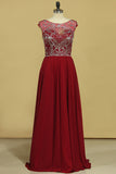 2024 Burgundy Prom Dresses A-Line Scoop Floor-Length Chiffon Beaded Bodice