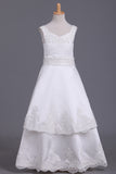 2024 Flower Girl Dresses A Line Straps Ankle Length Satin With Bowknot & Applique