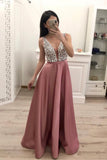 2024 Prom Dress V Neck Satin With Beads And Sequins Floor Length